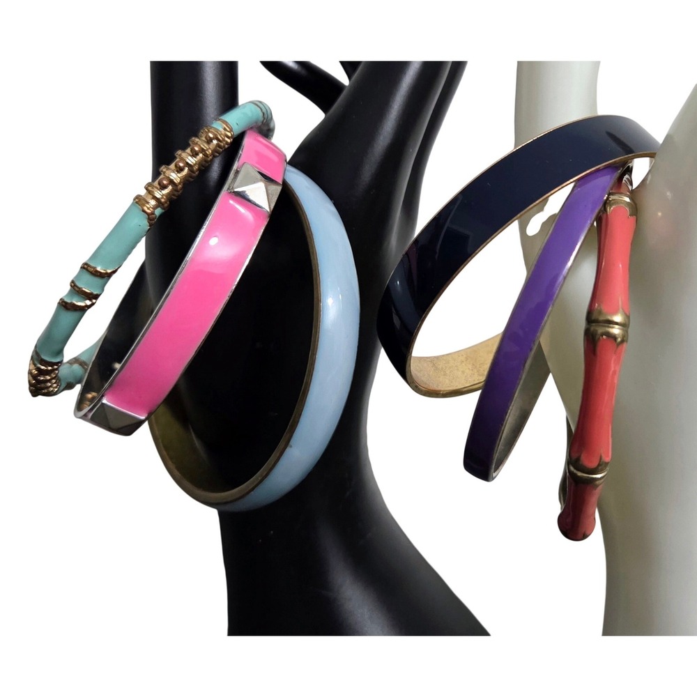 Lot of 6 Enamel Bangle Bracelets Multi Color Stackable Bamboo Studded Set Womens